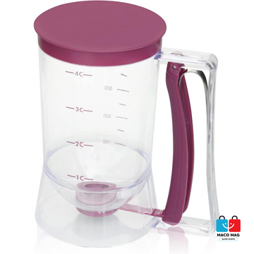 DISPENSER DE ALUAT PENTRU PRĂJITURI, BATTER DISPENSER, DIN PLASTIC, MÂNER CU ARC, CAPACITATE DE 900 ML, UȘOR DE MANIPULAT ȘI UTILIZAT, MOV