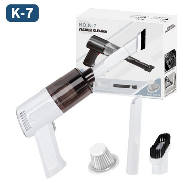 Aspirator Portabil Fără Fir, Tip Pistol K7 Pentru casă și mașină, cu încărcare USB. Autonomie de 30 minute. Dimensiuni: 36 x 17 cm. Culoare: alb.