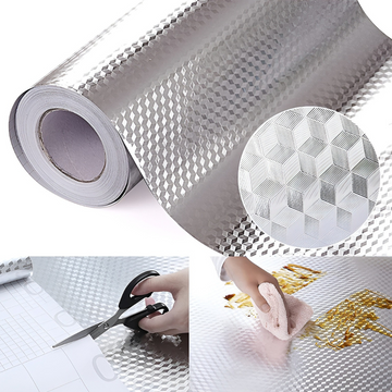 Autocolant pentru Bucătărie, Tip Folie de Aluminiu - Rezistent la Ulei, Umiditate și Temperatură Ridicată, 60 cm x 1 m, Argintiu
