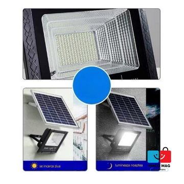 PROIECTOR LED/LAMPĂ SOLARĂ DE EXTERIOR, 15 CM X 20 CM, REZISTENT LA APĂ IP67, CU PANOU SOLAR, 114 LED SMD, 65W, SENZOR DE LUMINĂ, TIMER, CU TELECOMANDĂ, 2 MODURI DE ILUMINAT, KIT DE MONTAJ INCLUS, LUMINĂ RECE