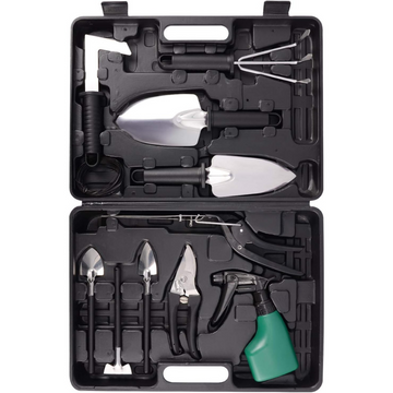 Set 10 Unelte de Grădină pentru Plantare, Prelucrare Sol și Îngrijire Plante - Oțel Inoxidabil și Mânere Negre, Cutie Inclusă, 37 x 28 x 7 cm