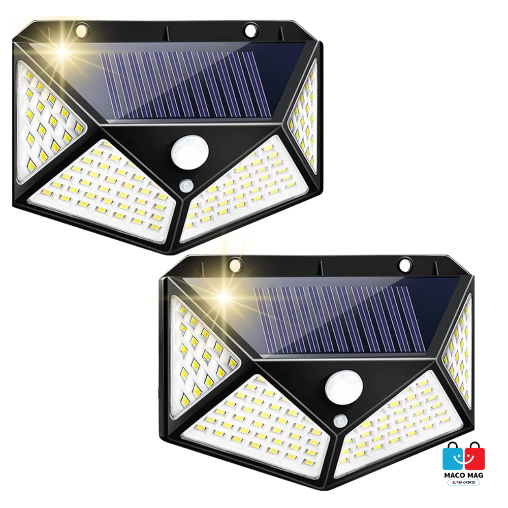 LAMPĂ DE EXTERIOR CU ÎNCĂRCARE SOLARĂ ȘI SENZOR DE MIȘCARE, DOTATĂ CU 100 DE LED-URI ȘI FUNCȚIE DE INDUCȚIE LA DISTANȚĂ, INSTALARE PE PERETE FĂRĂ NECESITATEA CABLURILOR