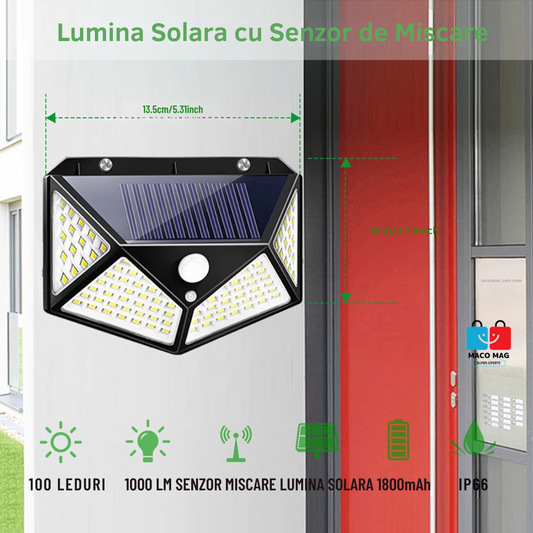 LAMPĂ DE EXTERIOR CU ÎNCĂRCARE SOLARĂ ȘI SENZOR DE MIȘCARE, DOTATĂ CU 100 DE LED-URI ȘI FUNCȚIE DE INDUCȚIE LA DISTANȚĂ, INSTALARE PE PERETE FĂRĂ NECESITATEA CABLURILOR