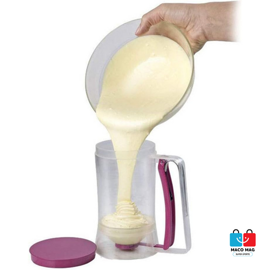 DISPENSER DE ALUAT PENTRU PRĂJITURI, BATTER DISPENSER, DIN PLASTIC, MÂNER CU ARC, CAPACITATE DE 900 ML, UȘOR DE MANIPULAT ȘI UTILIZAT, MOV