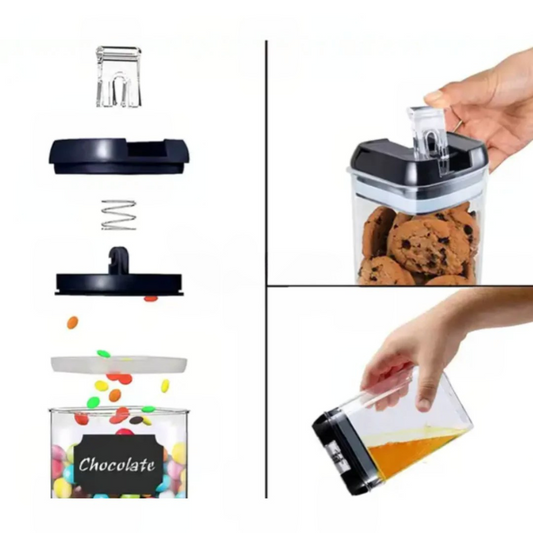 Set 7 recipiente pentru organizarea alimentelor – închidere etanșă, etichete reutilizabile, cupe de măsurare, 4 dimensiuni, plastic dur transparent