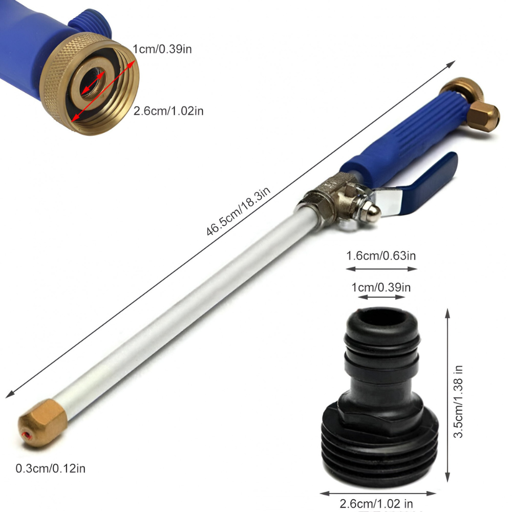 Pulverizator de apă albastru, cu mâner ergonomic și tija de stropit de 46,5 cm, fabricat din aluminiu și cupru.