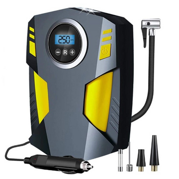 Compresor Auto Portabil cu Lanternă și Afișaj Electronic, DC 12V, 120W, Debit 35L/min, Cablu Alimentare 3m, Potrivit pentru Pompă Biciclete, Motociclete, Mingi, Saltele, Presiune Maximă 10.3 bar, Lumina LED Integrată, Culoare Neagră