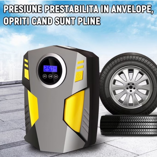 Compresor Auto Portabil cu Lanternă și Afișaj Electronic, DC 12V, 120W, Debit 35L/min, Cablu Alimentare 3m, Potrivit pentru Pompă Biciclete, Motociclete, Mingi, Saltele, Presiune Maximă 10.3 bar, Lumina LED Integrată, Culoare Neagră
