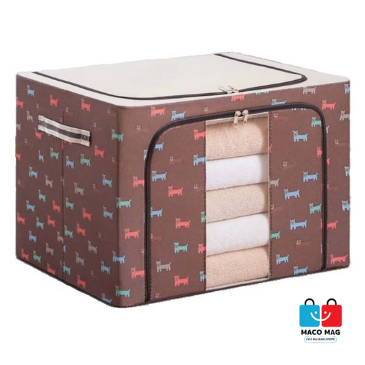 CUTIE DE DEPOZITARE PLIABILĂ, CU FERMOAR, 24 L, MATERIAL TEXTIL, DIMENSIUNI 40X30X20 CM, CULOARE MARO, CADRU METALIC, SUPORT BAZĂ STABIL DIN PLASTIC, CU IMPRIMEU CATELUȘ