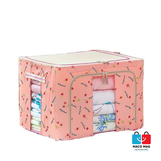 CUTIE DE DEPOZITARE PLIABILĂ, CU FERMOAR, 24 L, MATERIAL TEXTIL, DIMENSIUNE 40X30X20 CM, CULOARE ROZ, CADRU METALIC, BAZĂ STABILĂ DIN PLASTIC, CU IMPRIMEU CIREȘE