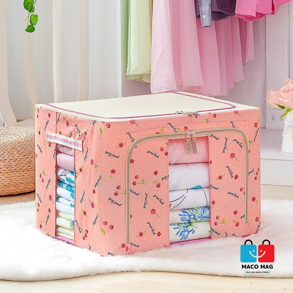 CUTIE DE DEPOZITARE PLIABILĂ, CU FERMOAR, 24 L, MATERIAL TEXTIL, DIMENSIUNE 40X30X20 CM, CULOARE ROZ, CADRU METALIC, BAZĂ STABILĂ DIN PLASTIC, CU IMPRIMEU CIREȘE