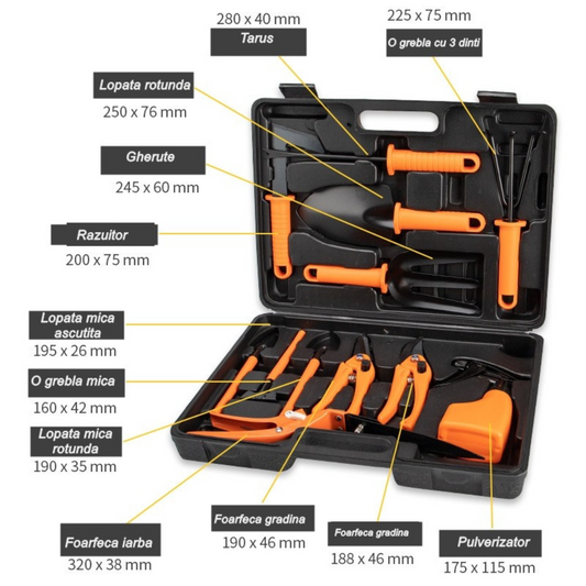 Set 12 Accesorii pentru Grădinărit cu Geantă de Depozitare - Oțel Inoxidabil, 37 x 27 cm, Portocaliu