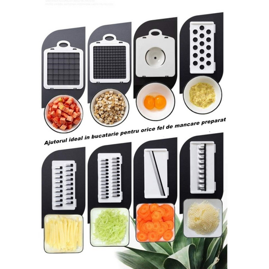 Răzătoare Multifuncțională 8 în 1 pentru Fructe și Legume Include 10 piese cu lame din oțel inoxidabil, recipient de stocare, separator de ouă, protecție pentru mâini și material ABS. Dimensiuni: 32,2 x 11,3 cm. Disponibilă în albastru și alb