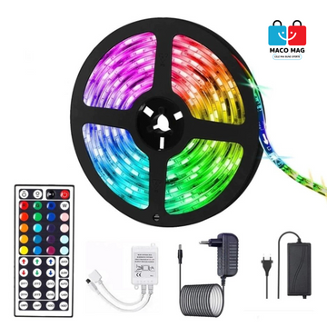 KIT BANDĂ LED RGB SMD 5050 CU TRANSFORMATOR INCLUS - LUNGIME 5 M, 270 LED-URI, TELECOMANDĂ CU 44 DE TASTE, POTRIVIT PENTRU TV, PC, AUTO, IP65, ILUMINARE AMBIENTALĂ