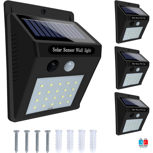 LAMPĂ DE EXTERIOR CU ÎNCĂRCARE SOLARĂ ȘI SENZOR DE MIȘCARE, DOTATĂ CU 20 DE LED-URI ȘI FUNCȚIE DE INDUCȚIE LA DISTANȚĂ, INSTALARE PE PERETE FĂRĂ NECESITATEA CABLURILOR