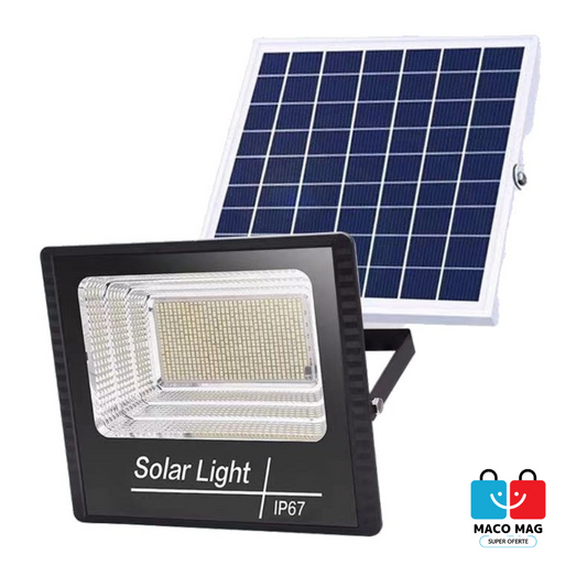 PROIECTOR LED/LAMPĂ SOLARĂ DE EXTERIOR, 15 CM X 20 CM, REZISTENT LA APĂ IP67, CU PANOU SOLAR, 114 LED SMD, 65W, SENZOR DE LUMINĂ, TIMER, CU TELECOMANDĂ, 2 MODURI DE ILUMINAT, KIT DE MONTAJ INCLUS, LUMINĂ RECE