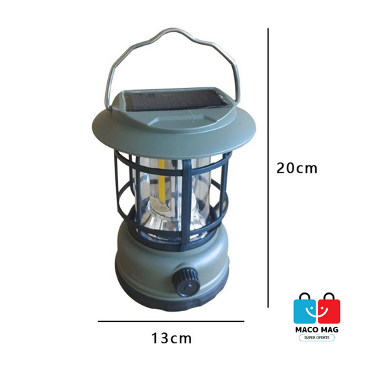 LAMPA PORTABILĂ CAMPING, FELINAR VINTAGE, ABS, ILUMINARE 30 COB LED, INTENSITATE REGLABILĂ, ACUMULATOR INCLUS, ÎNCĂRCARE SOLARĂ ȘI USB, 5W, VERDE