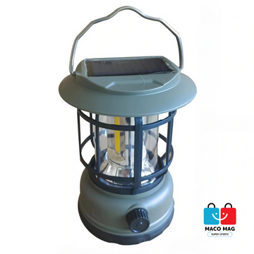LAMPA PORTABILĂ CAMPING, FELINAR VINTAGE, ABS, ILUMINARE 30 COB LED, INTENSITATE REGLABILĂ, ACUMULATOR INCLUS, ÎNCĂRCARE SOLARĂ ȘI USB, 5W, VERDE