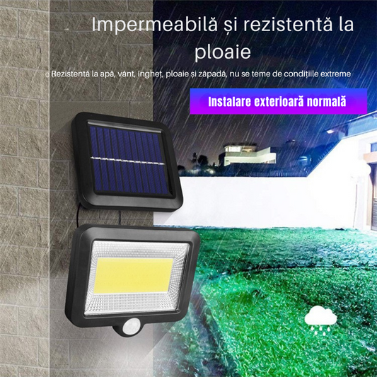 Lumină cu Încărcare Solară, 100 LED-uri, Senzor de Mișcare prin Inducție, Montaj pe Perete