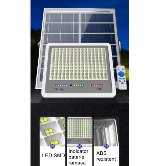 Proiector LED cu panou solar, 140 LED-uri, 65W, senzor de lumină, impermeabil, design modern, negru