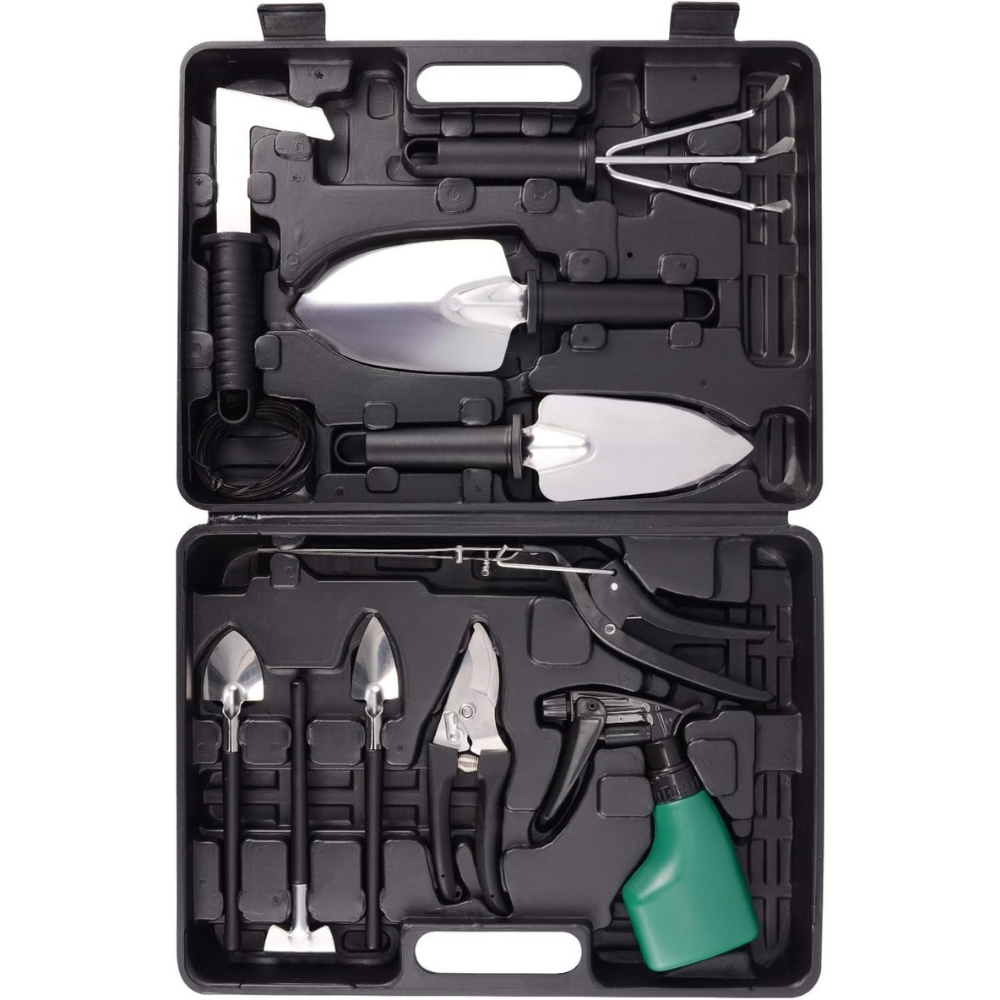 Set 10 Unelte de Grădină pentru Plantare, Prelucrare Sol și Îngrijire Plante - Oțel Inoxidabil și Mânere Negre, Cutie Inclusă, 37 x 28 x 7 cm