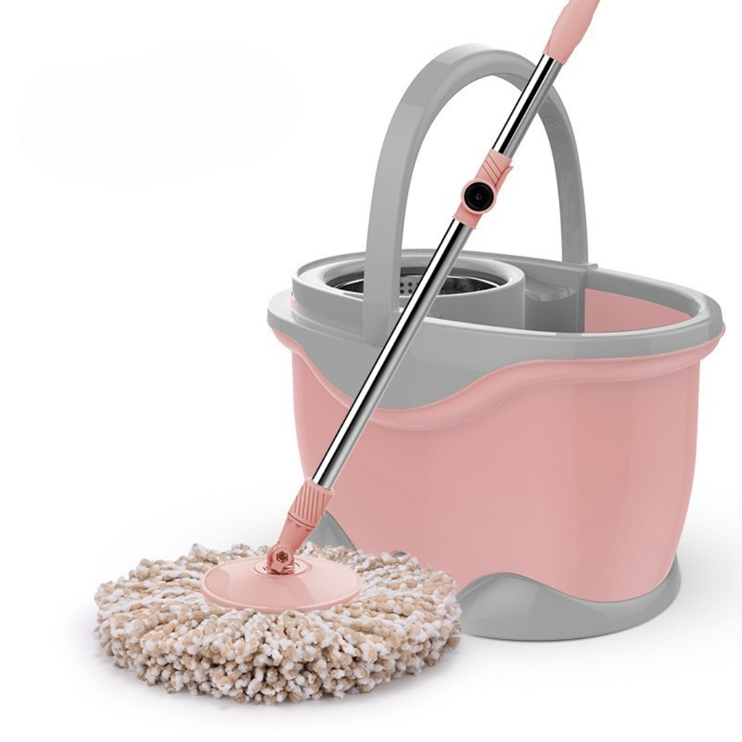 Set Găleată și Mop Rotativ 360° cu Dublă Acțiune Centrifugă Pentru uz casnic, cu mâner telescopic din oțel inoxidabil și 2 capete din bumbac. Dimensiuni: 46x27x29 cm. Disponibil în culoarea roz.