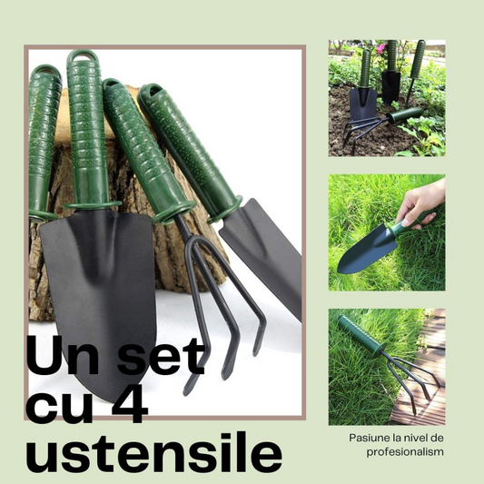 SET 4 UNELTE DE GRĂDINĂ PENTRU PLANTARE, PRELUCRARE SOL ȘI ÎNGRIJIRE PLANTE, MATERIAL PVC ȘI CARTON, 25 X 8.5 CM, VERDE